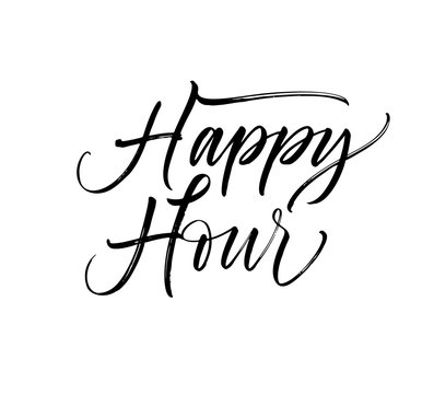 Happy hour phrase. Hand drawn brush style modern calligraphy. Vector illustration of handwritten lettering. 