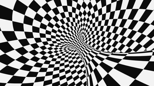 Black and white psychedelic optical illusion. Abstract hypnotic animated background. Checkered geometric looping monochrome wallpaper. Chess modern dynamic backdrop. 3D seamless full HD animation