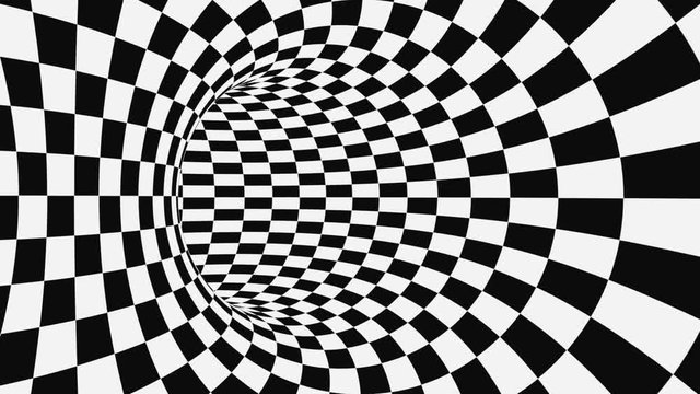 Black and white psychedelic optical illusion. Abstract hypnotic animated background. Checkered geometric looping monochrome wallpaper. Chess modern dynamic backdrop. 3D seamless full HD animation