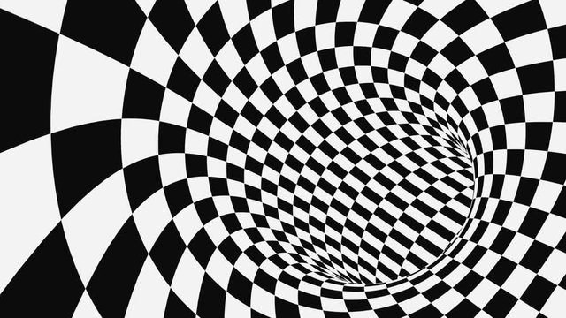 Black and white psychedelic optical illusion. Abstract hypnotic animated background. Checkered geometric looping monochrome wallpaper. Chess modern dynamic backdrop. 3D seamless full HD animation