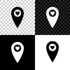 Map pointer with heart icon isolated on black, white and transparent background. Valentines day. Love location. Romantic map pin. Vector Illustration