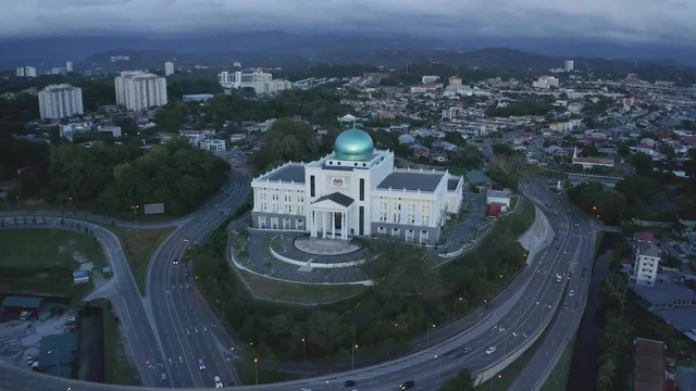 Aerial drone footage of new building of Komplex Mahkamah Kota Kinabalu(Kota  Kinabalu Court Complex), Sabah, Malaysia