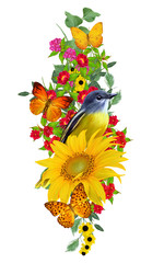 blue bird sits on a branch of bright red flowers, yellow sunflowers, green leaves, beautiful butterflies. Isolated on white background. Flower composition.