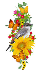 bird sits on a branch of bright red flowers, yellow sunflowers, green leaves, beautiful butterflies. Isolated on white background. Flower composition.