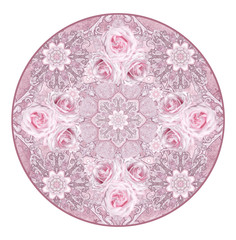 Decorative pattern in the circle. Paisley element, delicate textured silver leaves made of fine lace and pearls. Jeweled shiny curls, thread from beads, bud pastel pink rose.
