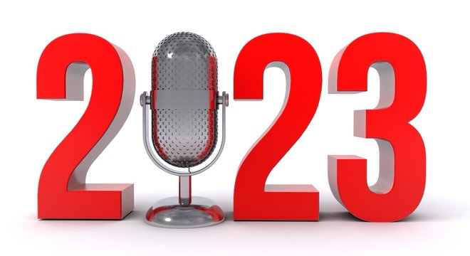 3d illustration of number 2023 with microphone