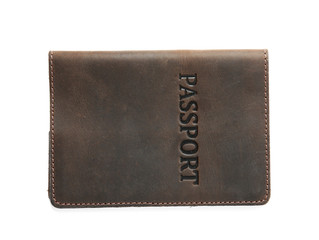 Passport in leather case on white background