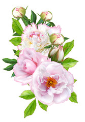Flower composition. A bouquet of tender white pink peonies, pastel roses, green leaves. Isolated on white background.