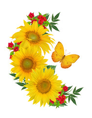 Flower composition. A bouquet of yellow sunflowers, bright crimson flowers, green leaves, butterfly. Isolated on white background.