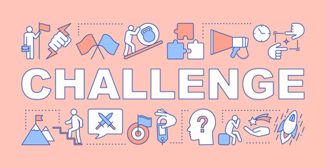 Challenge salmon word concepts banner. Goal achievement, success, battle winning. Ambition, motivation. Presentation, website. Isolated typography idea with linear icons. Vector outline illustration