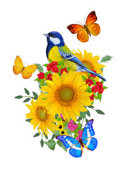 blue bird sits on a branch of bright red flowers, yellow sunflowers, green leaves, beautiful butterflies. Isolated on white background. Flower composition.