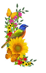 blue bird sits on a branch of bright red flowers, yellow sunflowers, green leaves, beautiful butterflies. Isolated on white background. Flower composition.