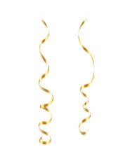 Gold ribbon serpentine set. Golden curly ribbon isolated white background. Decoration for carnival, Christmas party, birthday celebration. Holiday shiny design. Streamers confetti. Vector illustration