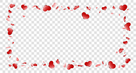 Heart frame isolated white transparent background. Red hearts fall confetti border. Abstract heart design love card, wedding romantic greeting poster. Valentine day decoration. Vector illustration