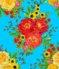 Floral seamless pattern. Red large roses, green leaves, yellow flowers.