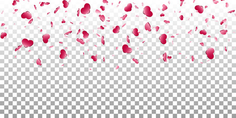 Heart falling confetti isolated white transparent background. Pink fall hearts. Valentine day decoration. Love element design, hearts-shape confetti wedding card, romantic holiday. Vector illustration