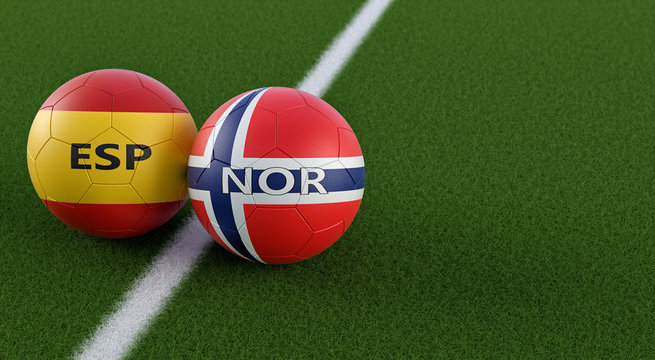 Spain vs. Norway Soccer Match - Soccer balls in Spain and Norway national colors on a soccer field. Copy space on the right side - 3D Rendering 