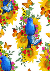 Fototapeta premium Seamless floral pattern. blue bird sits on a branch of bright red flowers, yellow sunflowers, green leaves, beautiful butterflies.