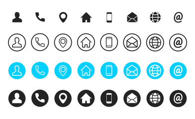 Business card contact information icons. Business card icon set of differents styles. Thin Line symbols set