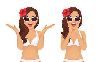 Surprised excited wave hairstyle woman in swimsuit and sunglasses isolated vector illustration