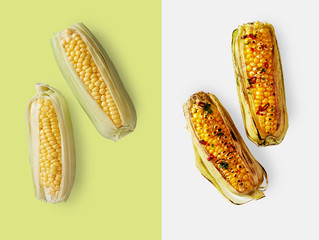 Raw corn over green next to burnt corn over blue