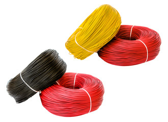 set colored electric cable on white background, isolated, close up