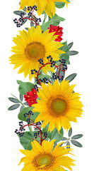Floral seamless pattern. Vertical border. Garland of sunflowers, green leaves, bright flowers.