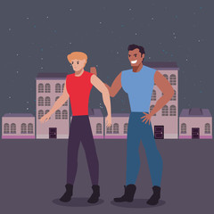 two men walking in the city street