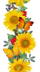 Floral seamless pattern. Vertical border. Garland of sunflowers, green leaves, bright flowers, butterflies