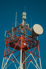 Transmission antenna dish in a tower and blue sky