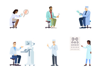 Doctors flat vector illustrations set. Medical specialists isolated cartoon characters on white background. Therapists, practitioners regular check, exam. Ophthalmologist, dermatologist, pediatrician