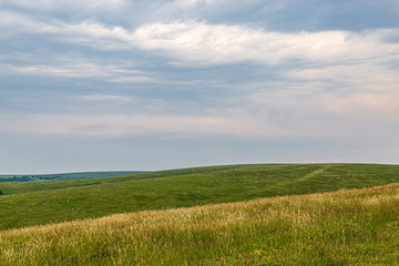Looking out over a vast South Downs landscape with sheep grazing on a distant hillside