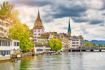 Zurich, Switzerland. View of the historic city center on the Limmat river