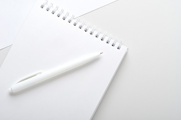 White open notebook with pen on gray and white background. Concept office desk, business. Top view,...