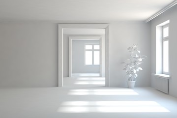 Empty room in white color. Scandinavian interior design. 3D illustration