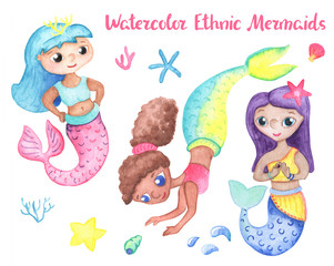Colorful mermaid girls with corals and shells. Diverse nation mermaids. Underwater princess set for girl birthday