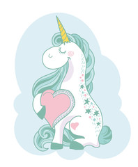 Cute cartoon style unicorn with big heart