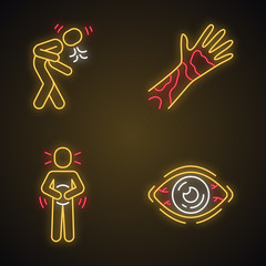 Seasonal allergy symptoms neon light icons set