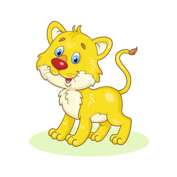 Little cute lion cub. In cartoon style. Isolated on white background. Vector illustration.
