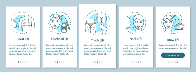 Surgical lift procedure onboarding mobile app page screen with linear concepts