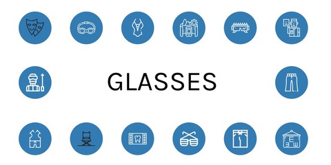 Set of glasses icons such as Theater, Goggles, Swimsuit, Panorama, Sunglasses, Actor, Clothes, Director chair, Film, Eye test, Ski, Trousers , glasses