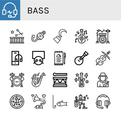 Set of bass icons such as Headphones, Drum, Fish hook, Hook, Music, Drum kit, Headphone, Drums, Notes, Guitar, Cello, Drum set, Saxophone, Bass guitar, Musician, Musical notes , bass