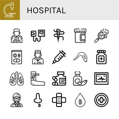 Set of hospital icons such as Microscope, Paramedic, Sphygmomanometer, Needle, Urine, Health check, Medicine, Nurse, Vaccination, Leech, Pills, Lungs, Bandage, Ecg , hospital