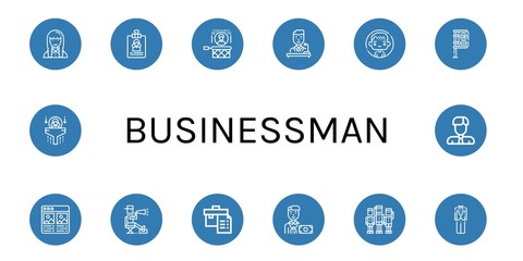 Set of businessman icons such as Developer, Resume, Headhunting, Politician, Man, Bus stop, Portfolio, Director, Banker, Team, Tuxedo, Human resources, Businessman , businessman
