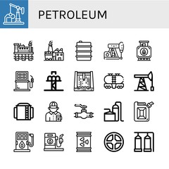Set of petroleum icons such as Oil well, Oil rig, Coal factory, Oil, Petroleum, Tank, Fuel, Drop tower, Dam, pump, Storage tank, Gas station attendant, Valve, Jerrycan , petroleum