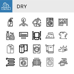 Set of dry icons such as Drought, Cold water, Moisturizer, Washing machine, Laundry, Air conditioning, Heated towel rail, Iron, Ironed, Paper towel, Beach towel, Washing , dry