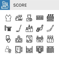 Set of score icons such as Bowling, Top, Bowling pins, Footballer, Scoreboard, Stadium, Hoop, Hockey stick, Rank, Red card, Reward, Pinball, Scoring , score