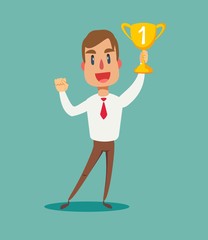 illustration of a happy businessman holding a trophy . Stock flat vector illustration.