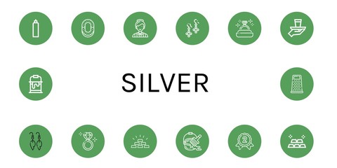 Set of silver icons such as Oxygen tank, Ring, Catering, Earrings, Diamond ring, Serve, Gold, Paint bucket, Silver medal, Grater , silver