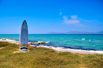 Surfboard on the beach on Kos island in Greece